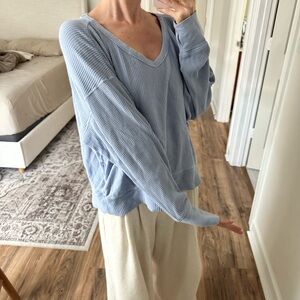 Aerie Light Blue V-Neck Waffle Knit Top